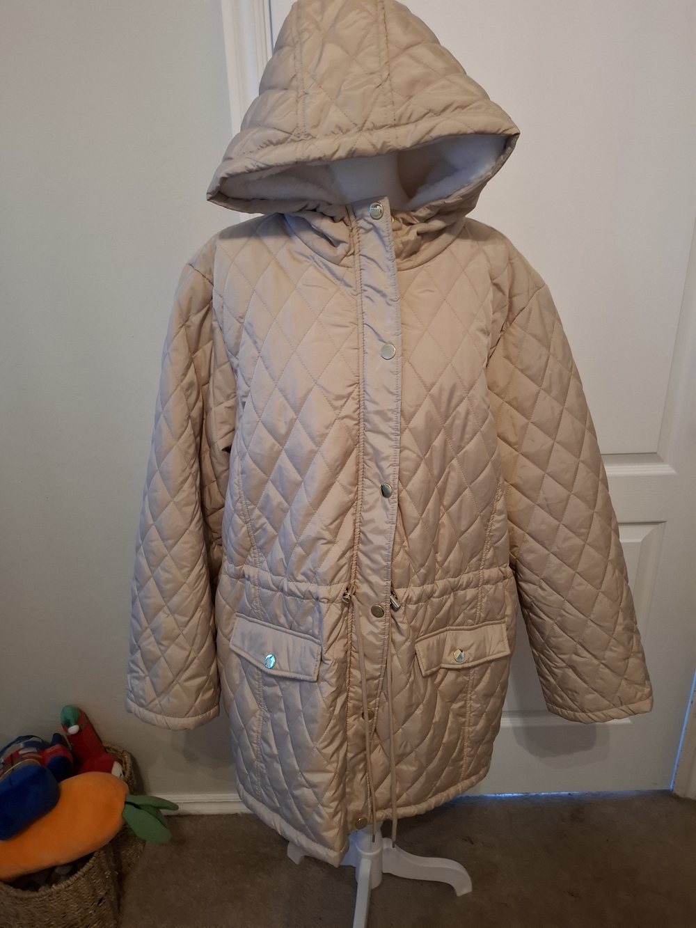Hooded Quilted Puffer Jacket in Beige